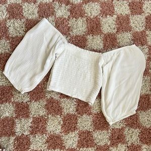 MIND CODE WHITE SMOCKED OFF THE SHOULDER CROP TOP